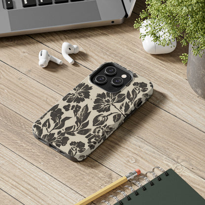 Floral Noir Tough Phone Case — Black Vintage Flower Protective Cover