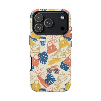 Tough Cases: Retro Summer Pattern Phone Case – Sunglasses, Sneakers & Tropical Leaves