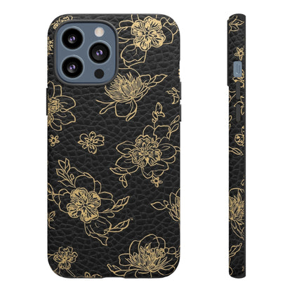 Floral Leather Phone Case — Gold Outline Flowers on Black Tough Case
