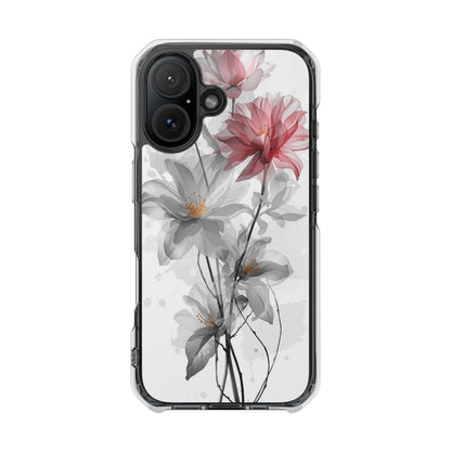 Clear Magnetic Phone Case — Watercolor Pink & Gray Floral Impact Protection