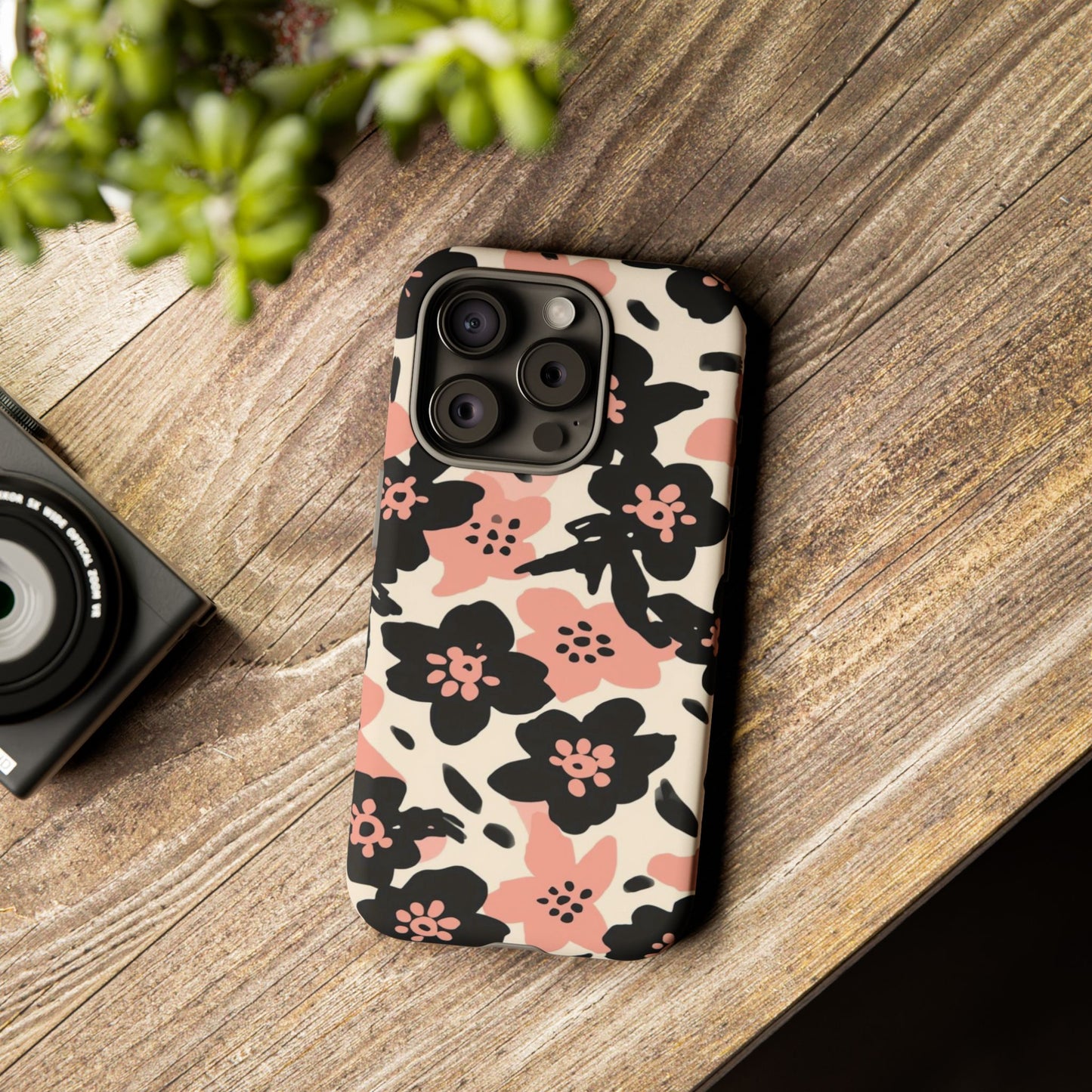 Floral Phone Case — Pink & Black Retro Blossom Protective Cover