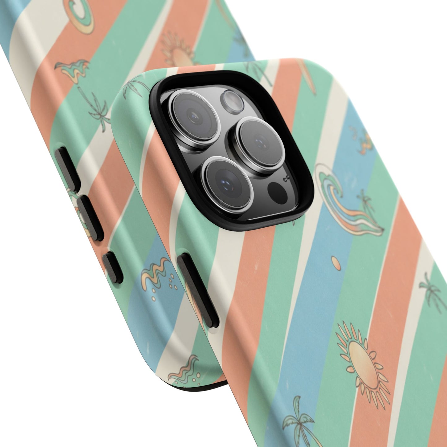 Retro Beach Stripes Phone Case — Sun, Waves & Palm Pattern Tough Case