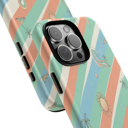 Retro Beach Stripes Phone Case — Sun, Waves & Palm Pattern Tough Case