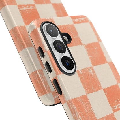 Peach Checkerboard Tough Phone Case — Retro Distressed Grid Design