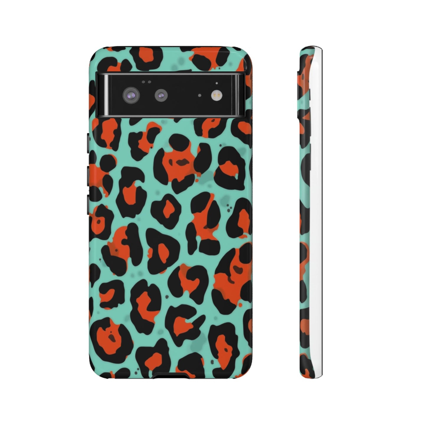 Leopard Print Tough Phone Case — Teal & Rust Protective iPhone Cover