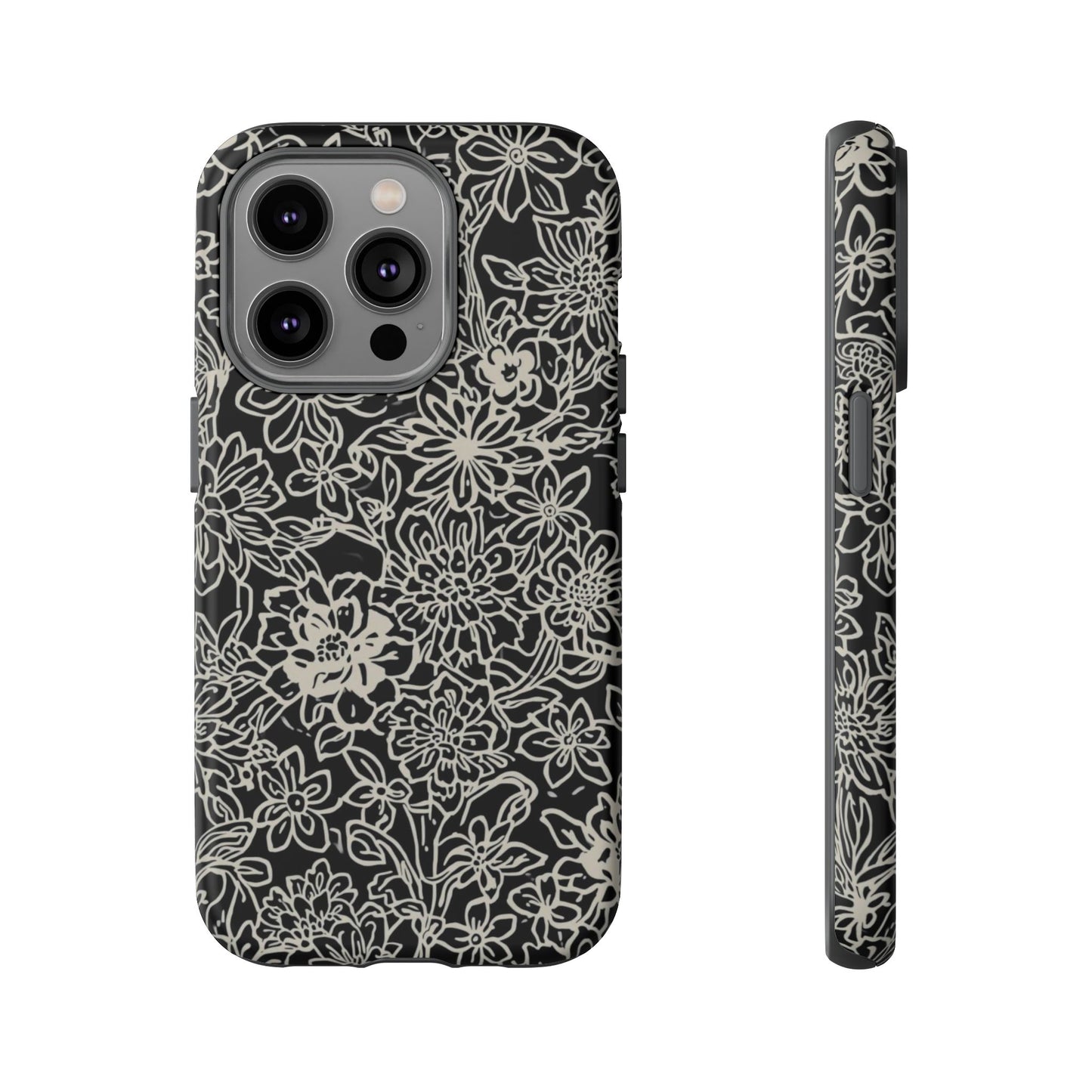 Floral Doodle Tough Phone Case — Black & White Sketch Flower Protective Cover