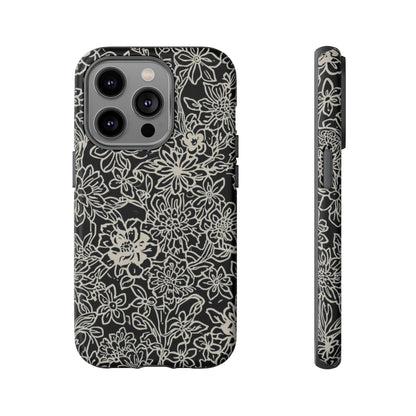 Floral Doodle Tough Phone Case — Black & White Sketch Flower Protective Cover