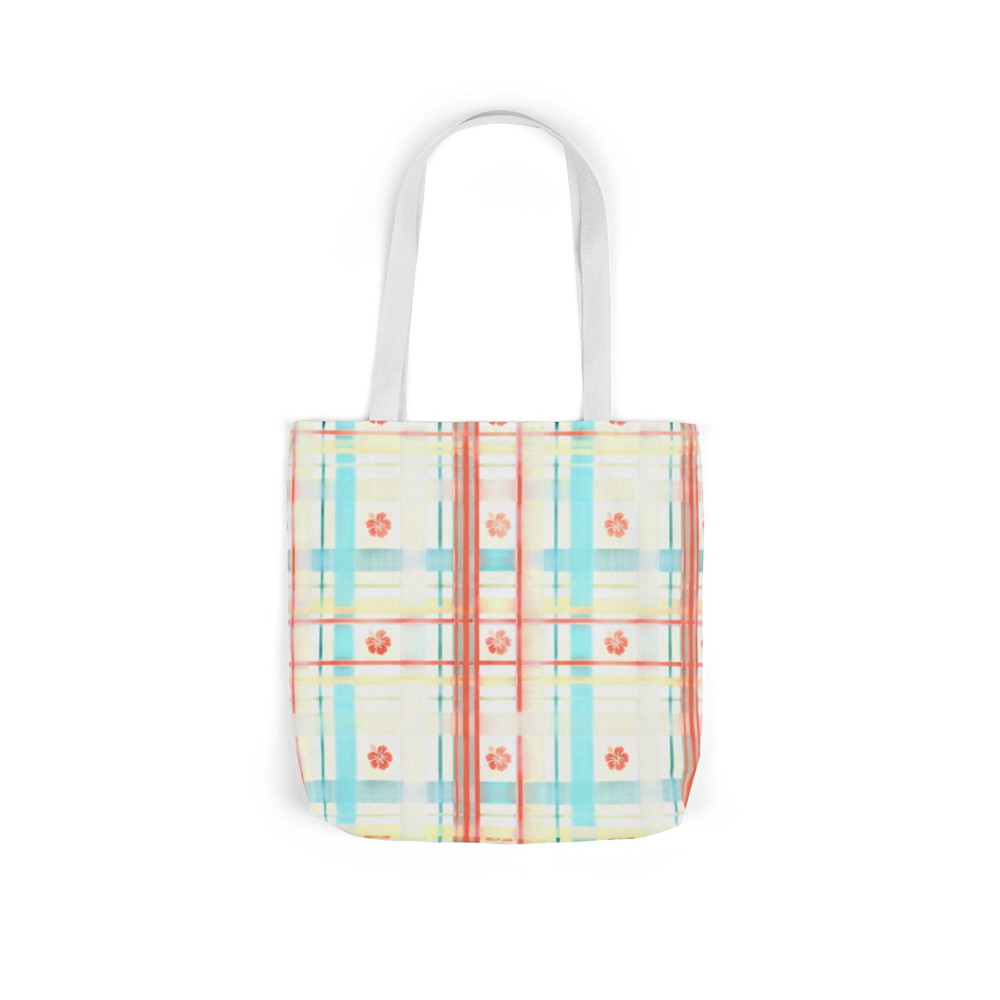 Floral Pastel Plaid Tote Bag — Canvas Shoulder Bag with Colorful Straps