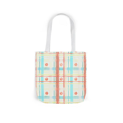 Floral Pastel Plaid Tote Bag — Canvas Shoulder Bag with Colorful Straps