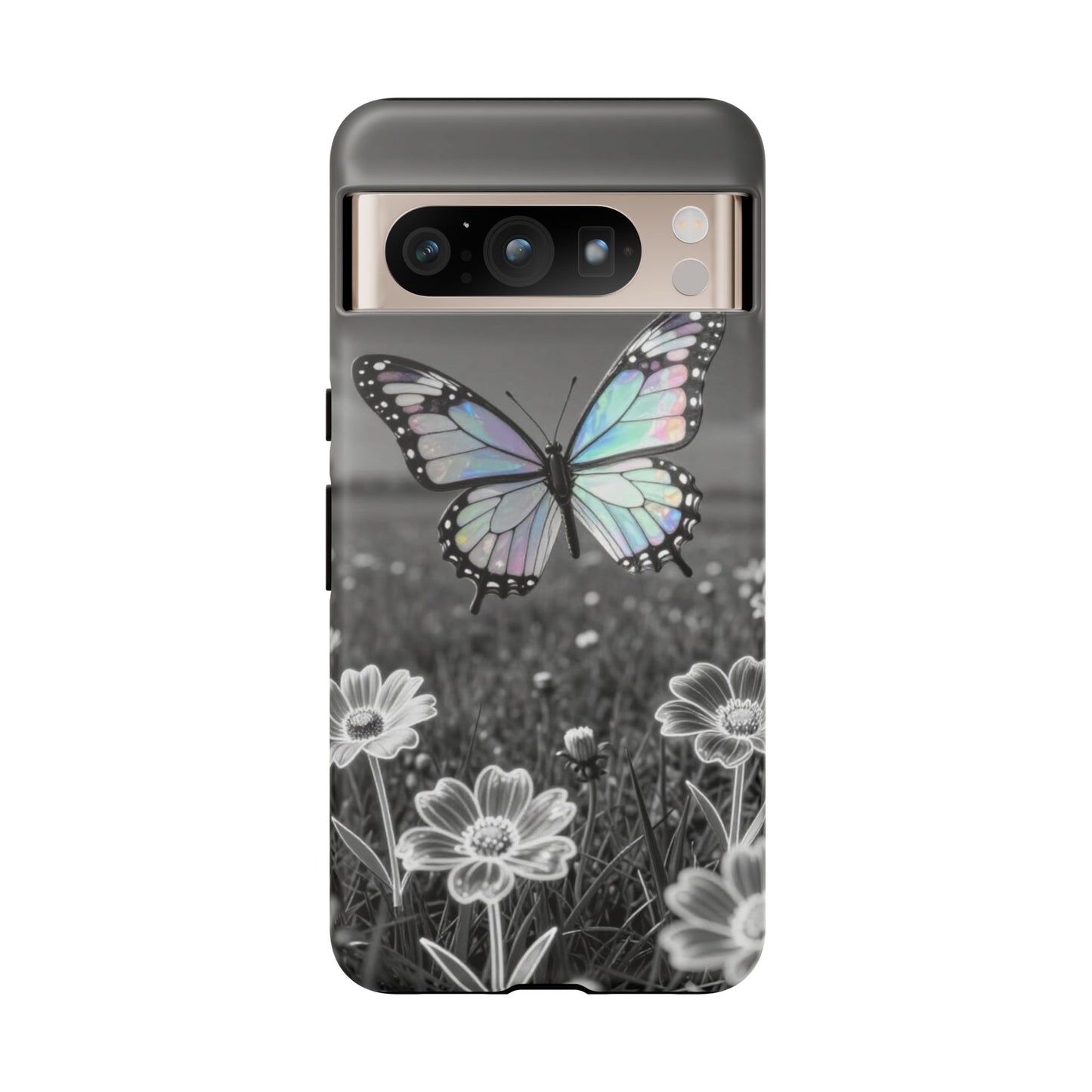 Butterfly Field Tough Phone Case — Pastel Holographic Butterfly on Black & White Floral Background