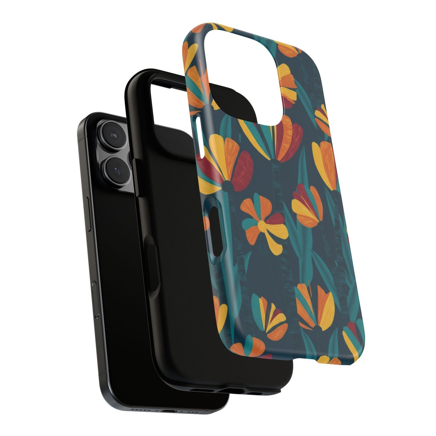 Floral Retro Teal Tough Phone Case — Vibrant Orange & Mustard Blooms