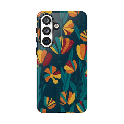 Floral Retro Teal Tough Phone Case — Vibrant Orange & Mustard Blooms