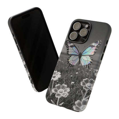 Butterfly Field Tough Phone Case — Pastel Holographic Butterfly on Black & White Floral Background