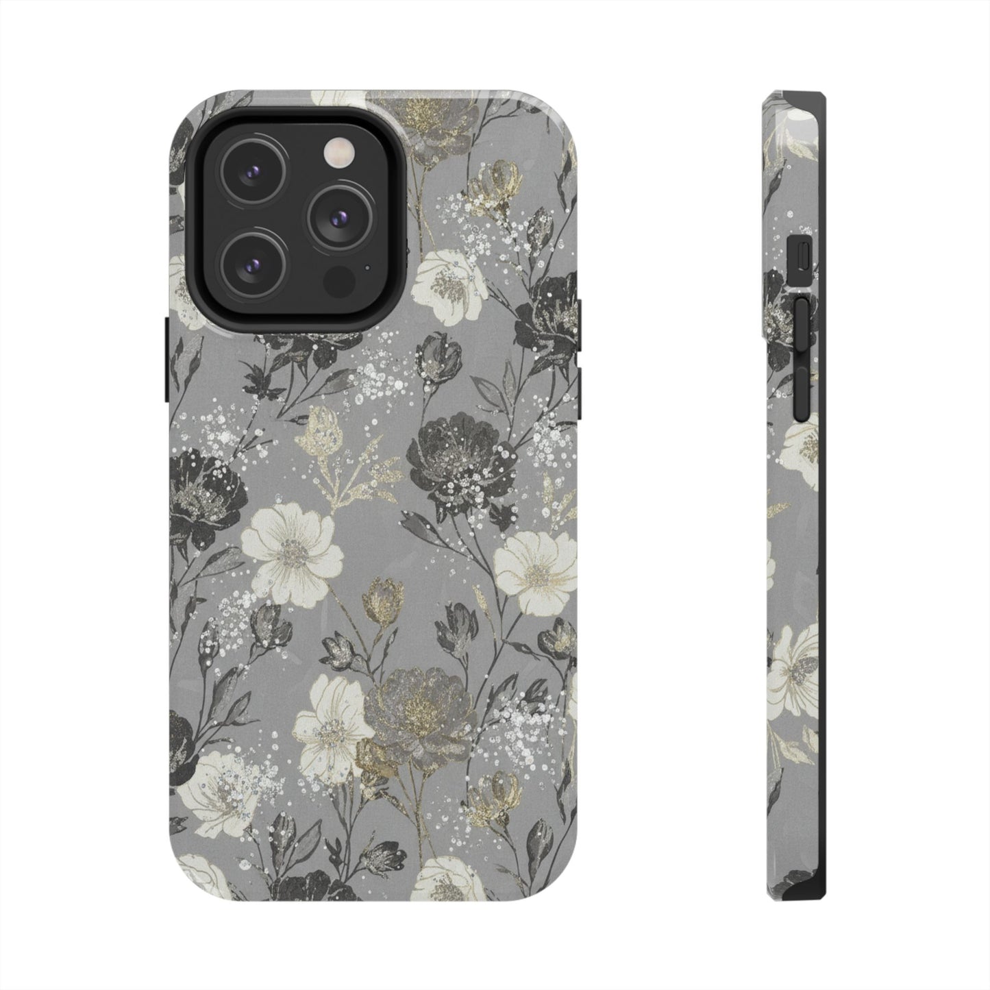 Floral Gray Tough Phone Case — Elegant Protective Phone Cover with Gold Accent