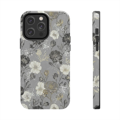 Floral Gray Tough Phone Case — Elegant Protective Phone Cover with Gold Accent