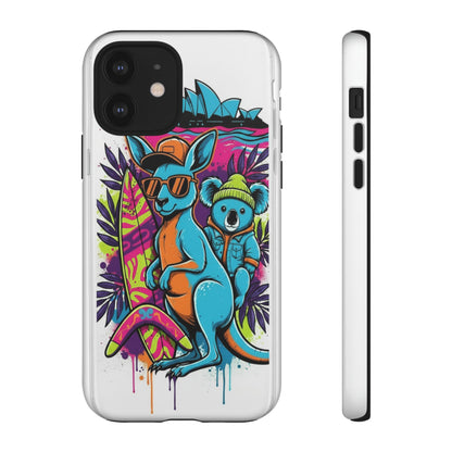 Kangaroo & Koala Surf Phone Case — Retro Neon Beach Art Tough Case