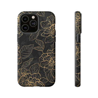 Floral Gold Outline Tough Phone Case – Black Botanical Protective Cover