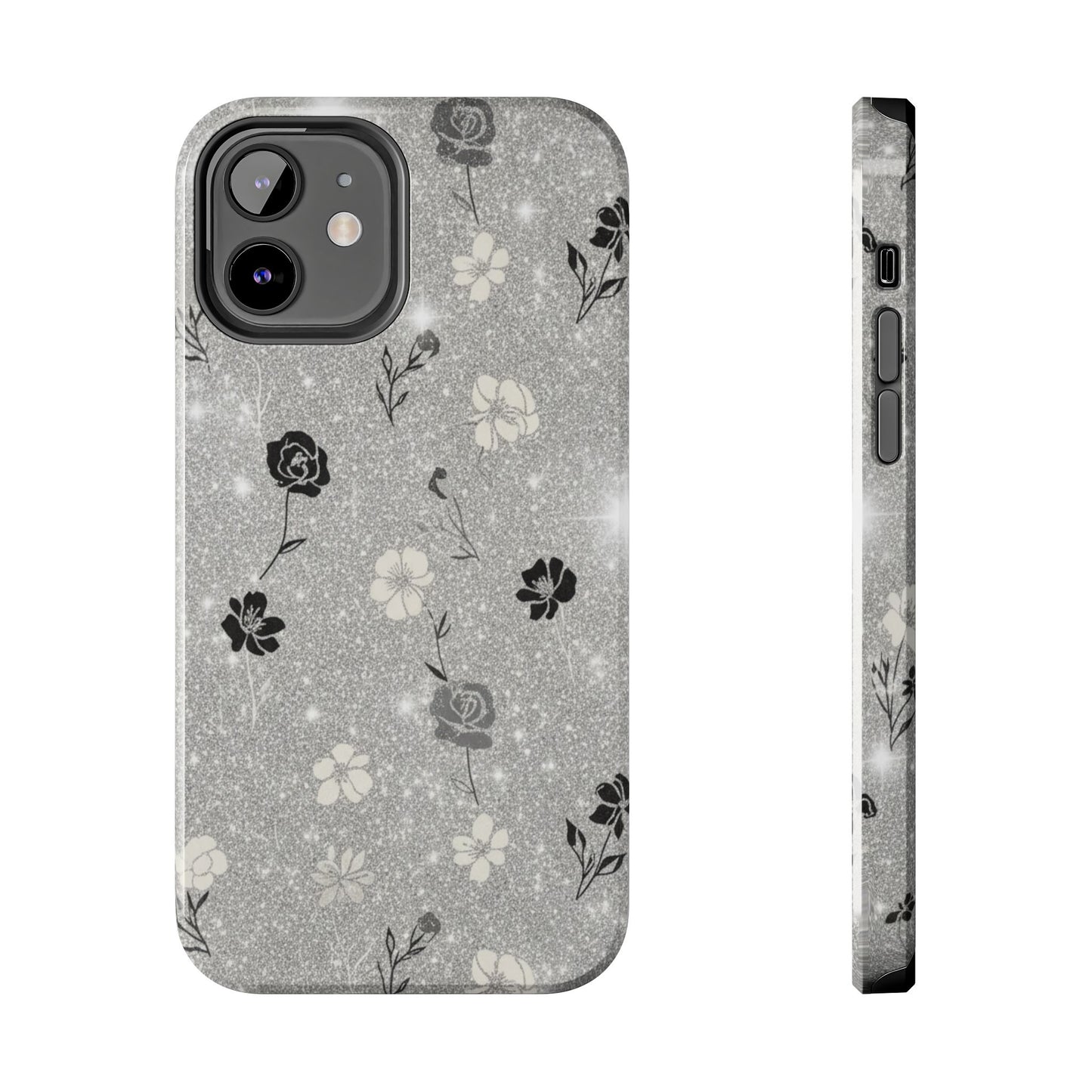 Floral Glitter Tough Phone Case — Black & Silver Vintage Flower Protective Cover