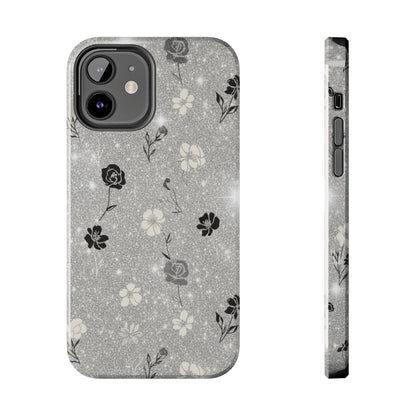 Floral Glitter Tough Phone Case — Black & Silver Vintage Flower Protective Cover