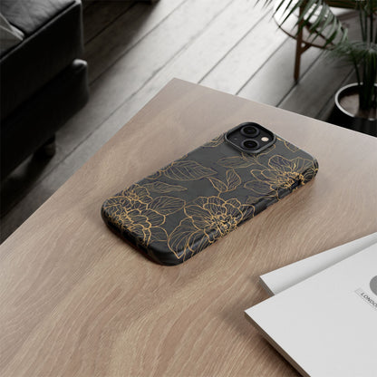 Floral Gold Outline Tough Phone Case – Black Botanical Protective Cover
