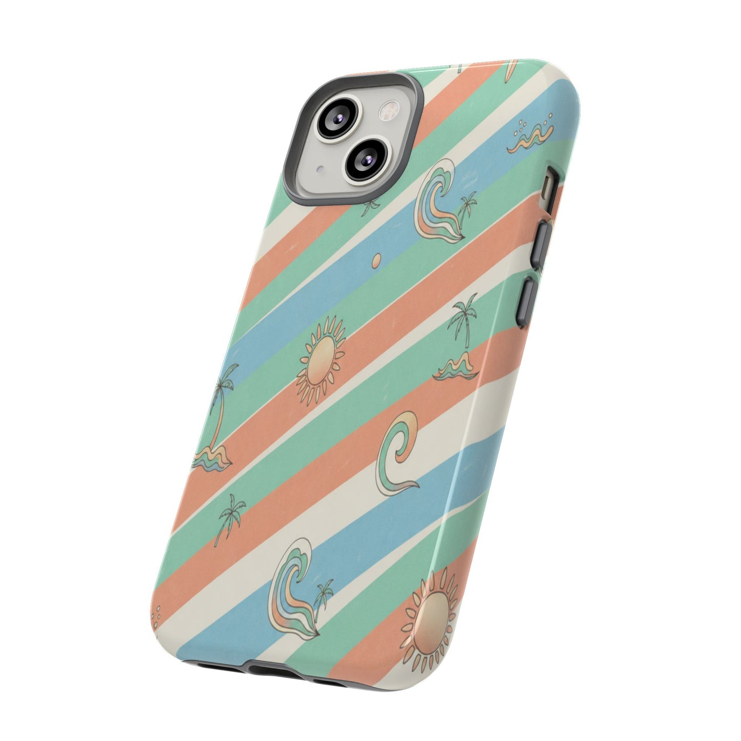 Retro Beach Stripes Phone Case — Sun, Waves & Palm Pattern Tough Case