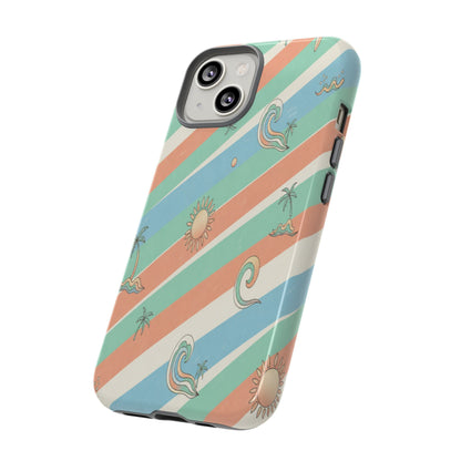 Retro Beach Stripes Phone Case — Sun, Waves & Palm Pattern Tough Case