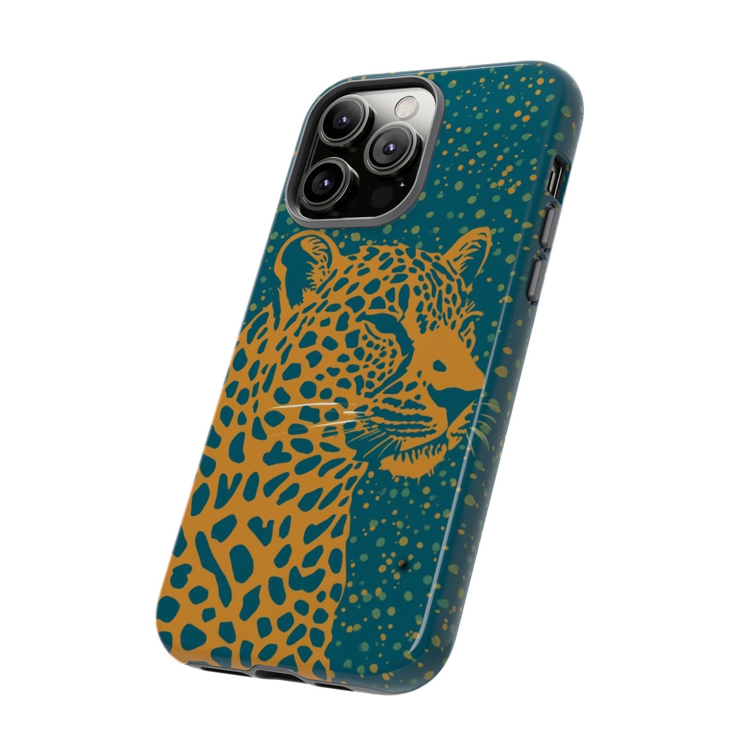 Leopard Print Tough Phone Case — Gold Panther on Teal, Protective iPhone Cover