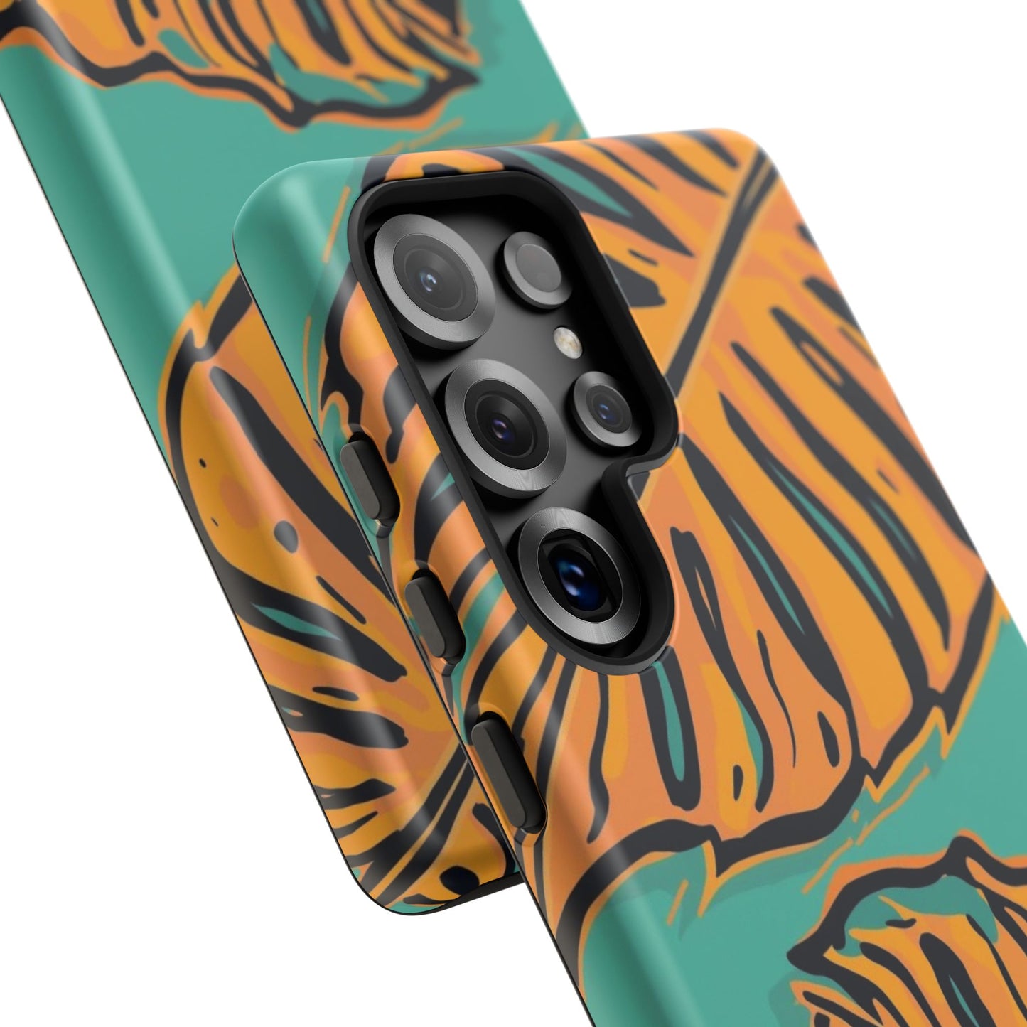 Tropical Leaf Tough Phone Case — Orange Monstera Design on Teal