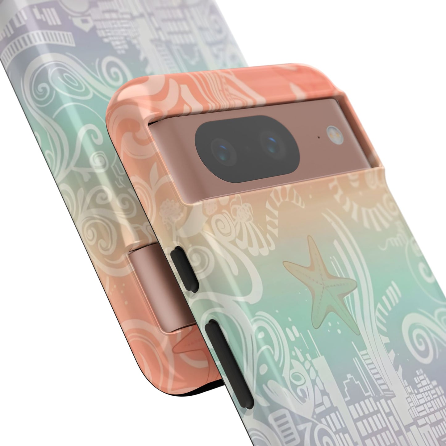 Tough Cases: Pastel Beach Pattern Phone Case — Starfish & Coastal Cityscape Protective Cover