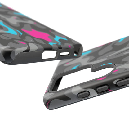 Camouflage Phone Case — Gray Camo with Neon Pink & Cyan Accent Tough Protective Cover