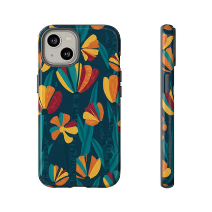 Floral Retro Teal Tough Phone Case — Vibrant Orange & Mustard Blooms