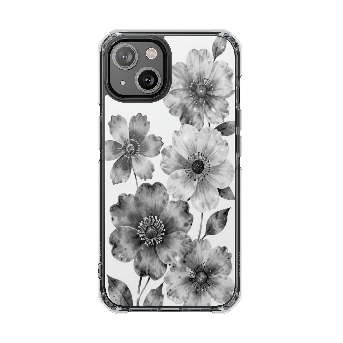 Clear Magnetic Phone Case — Black & White Watercolor Floral Design