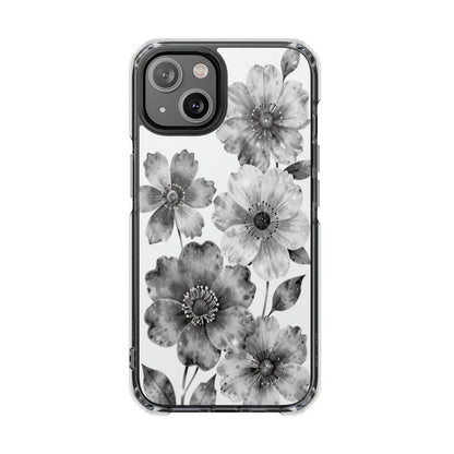 Clear Magnetic Phone Case — Black & White Watercolor Floral Design