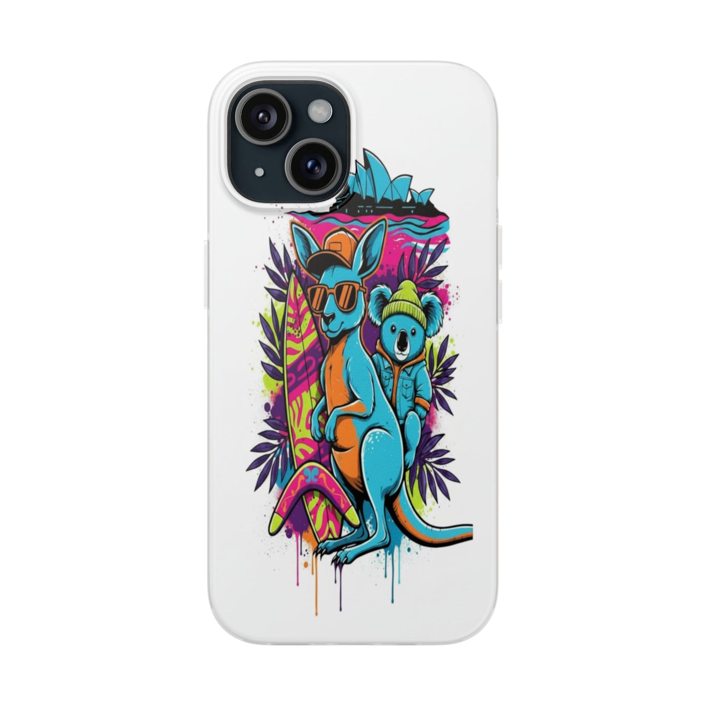 Kangaroo & Koala Surf Phone Case — Neon Aussie Beach Vibes Flexible Case