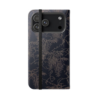 Botanical Noir Flip Phone Case — Dark Floral Wallet Cover with Card Slots