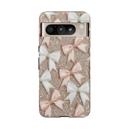 Glitter Bow Tough Phone Case — Pink & White Ribbon Protective Cover