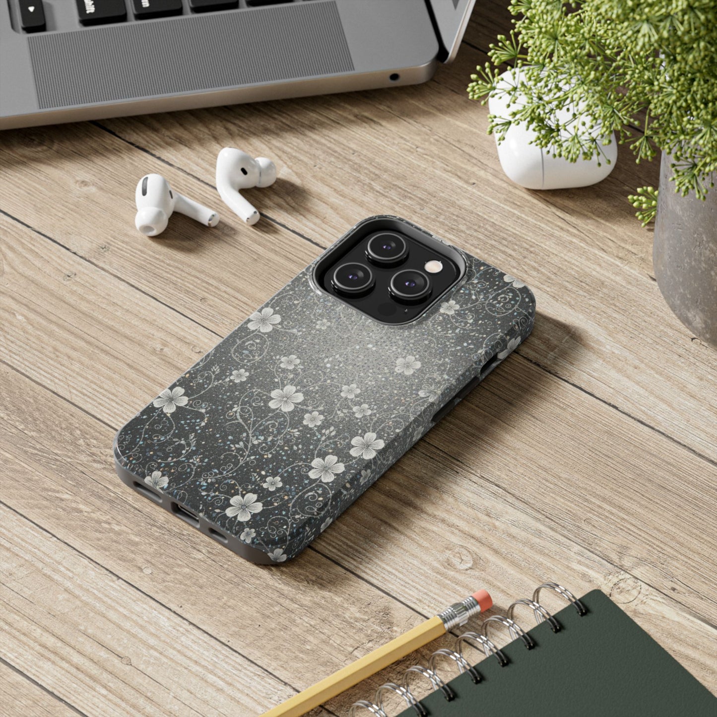 Floral Sparkle Tough Phone Case — Black & Silver Vintage Blossom