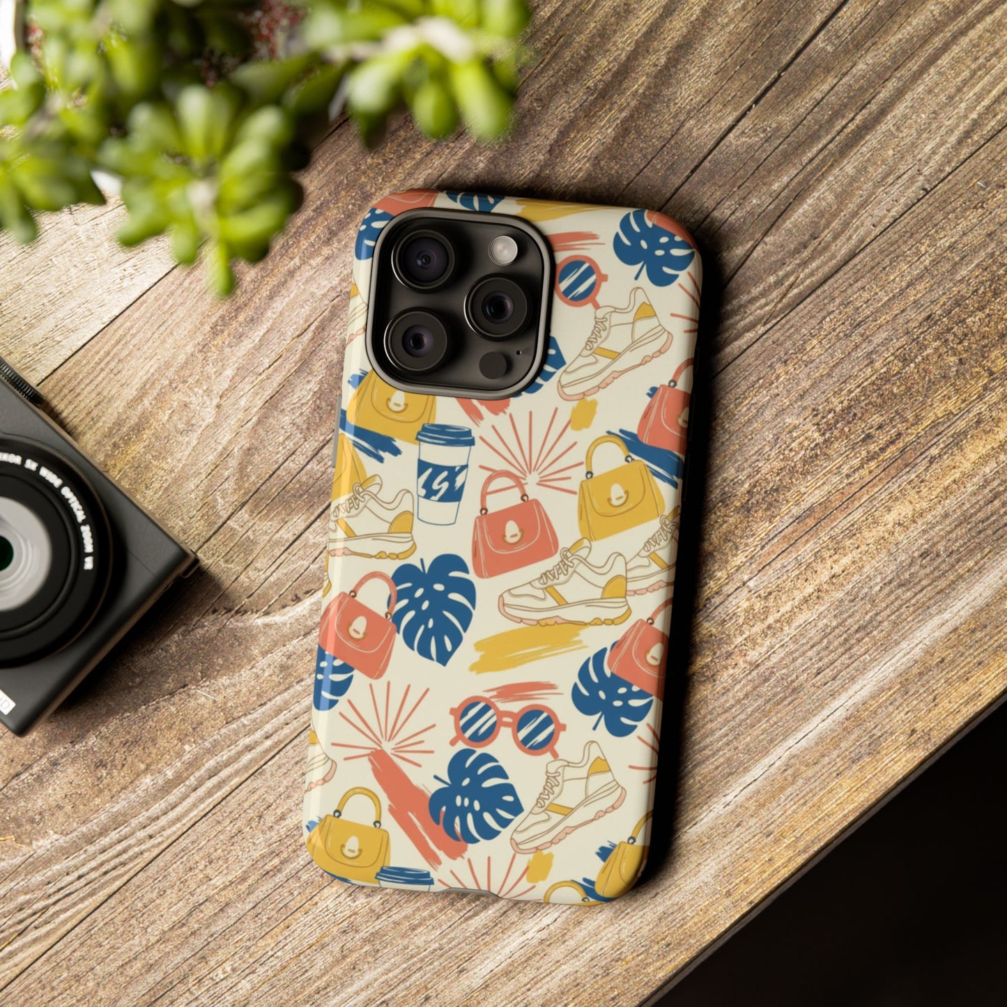 Tough Cases: Retro Summer Pattern Phone Case – Sunglasses, Sneakers & Tropical Leaves