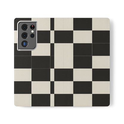 Checkered Flip Phone Case – Black & Cream Retro Grid Wallet Case