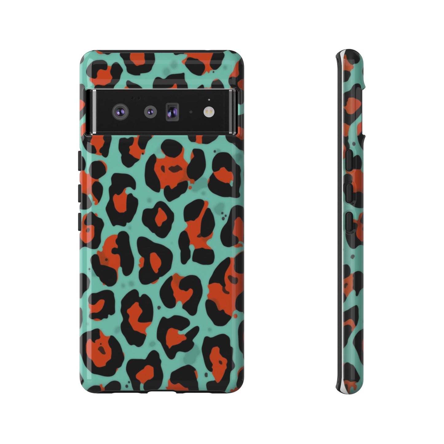Leopard Print Tough Phone Case — Teal & Rust Protective iPhone Cover