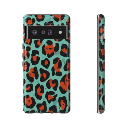 Leopard Print Tough Phone Case — Teal & Rust Protective iPhone Cover