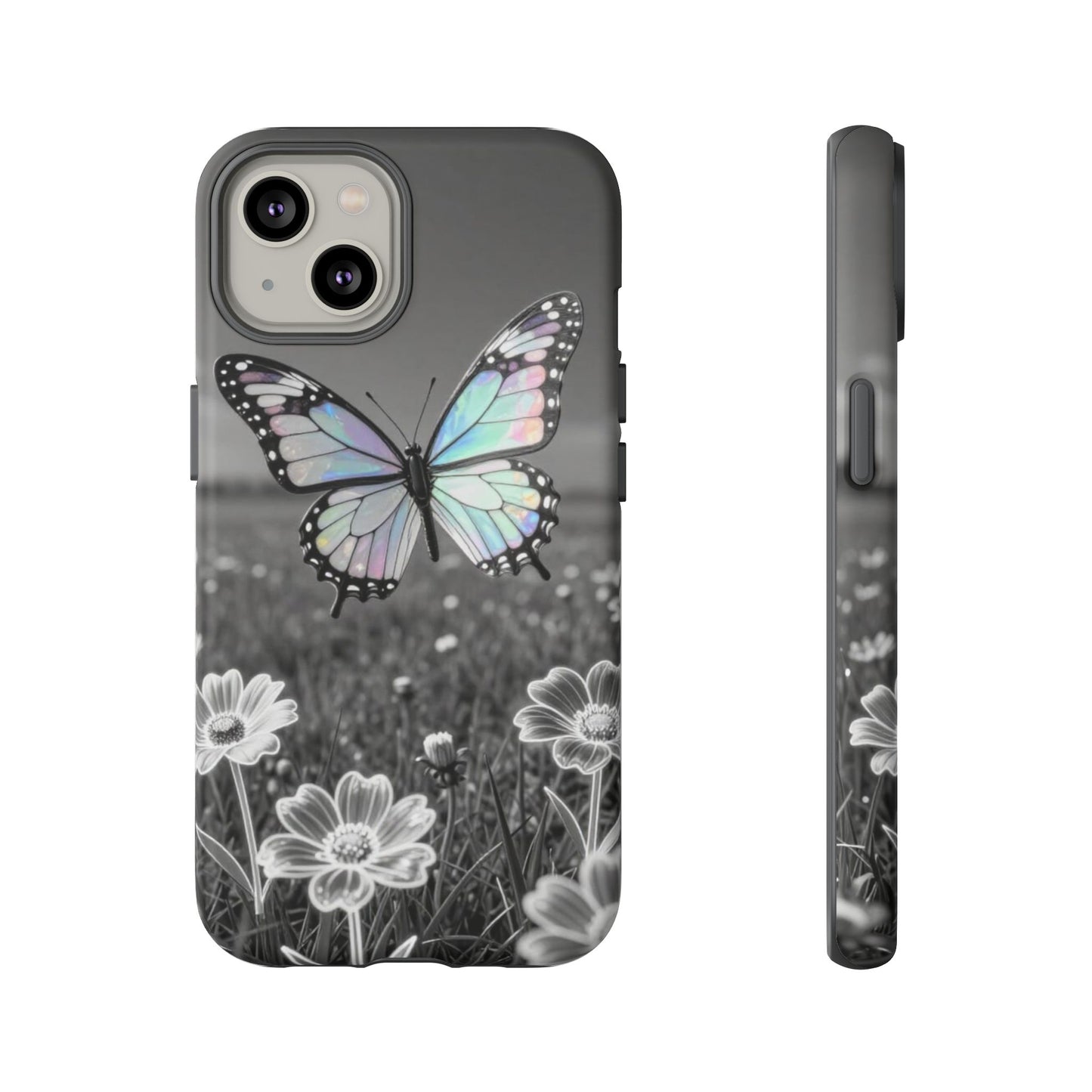 Butterfly Field Tough Phone Case — Pastel Holographic Butterfly on Black & White Floral Background