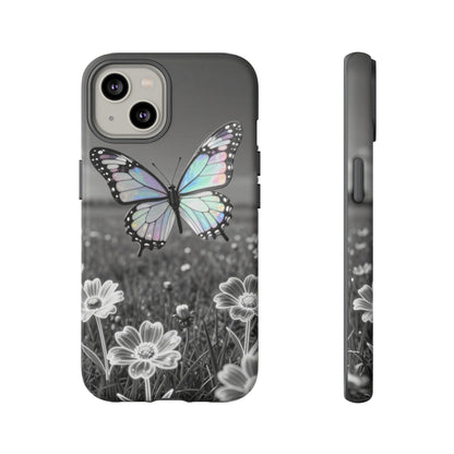 Butterfly Field Tough Phone Case — Pastel Holographic Butterfly on Black & White Floral Background