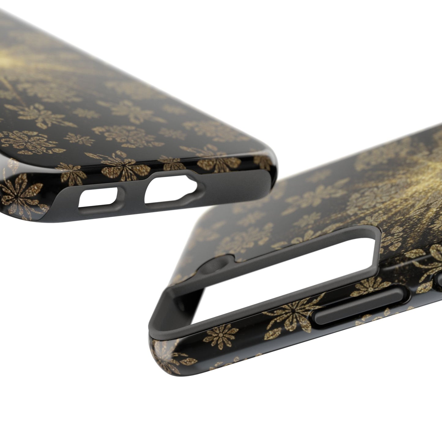Glitter Burst Tough Phone Case — Black & Gold Floral Protective Cover