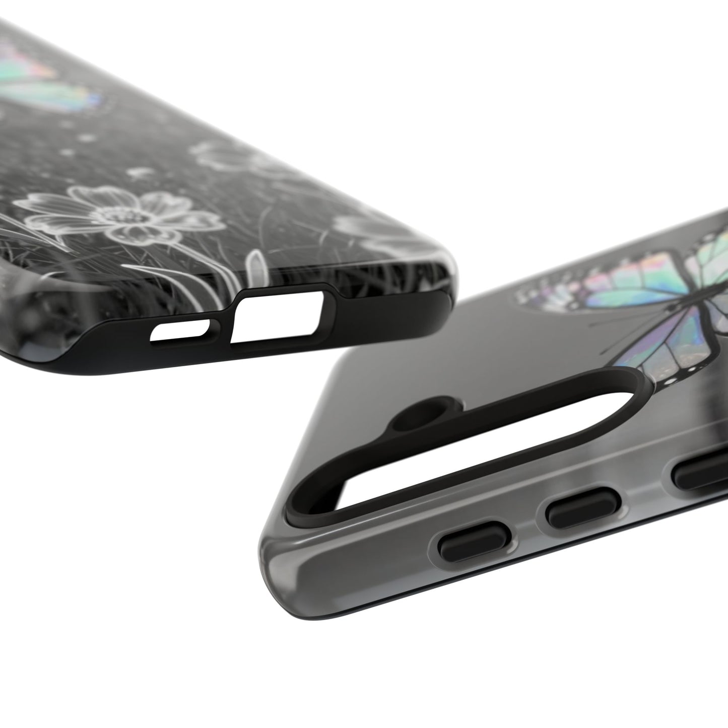 Butterfly Field Tough Phone Case — Pastel Holographic Butterfly on Black & White Floral Background