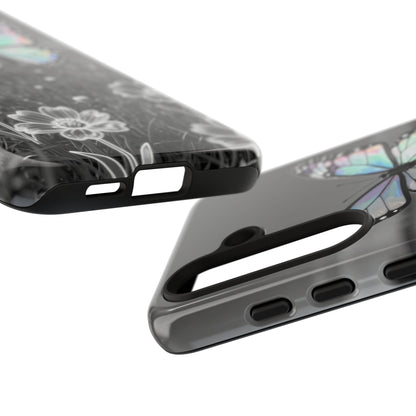 Butterfly Field Tough Phone Case — Pastel Holographic Butterfly on Black & White Floral Background