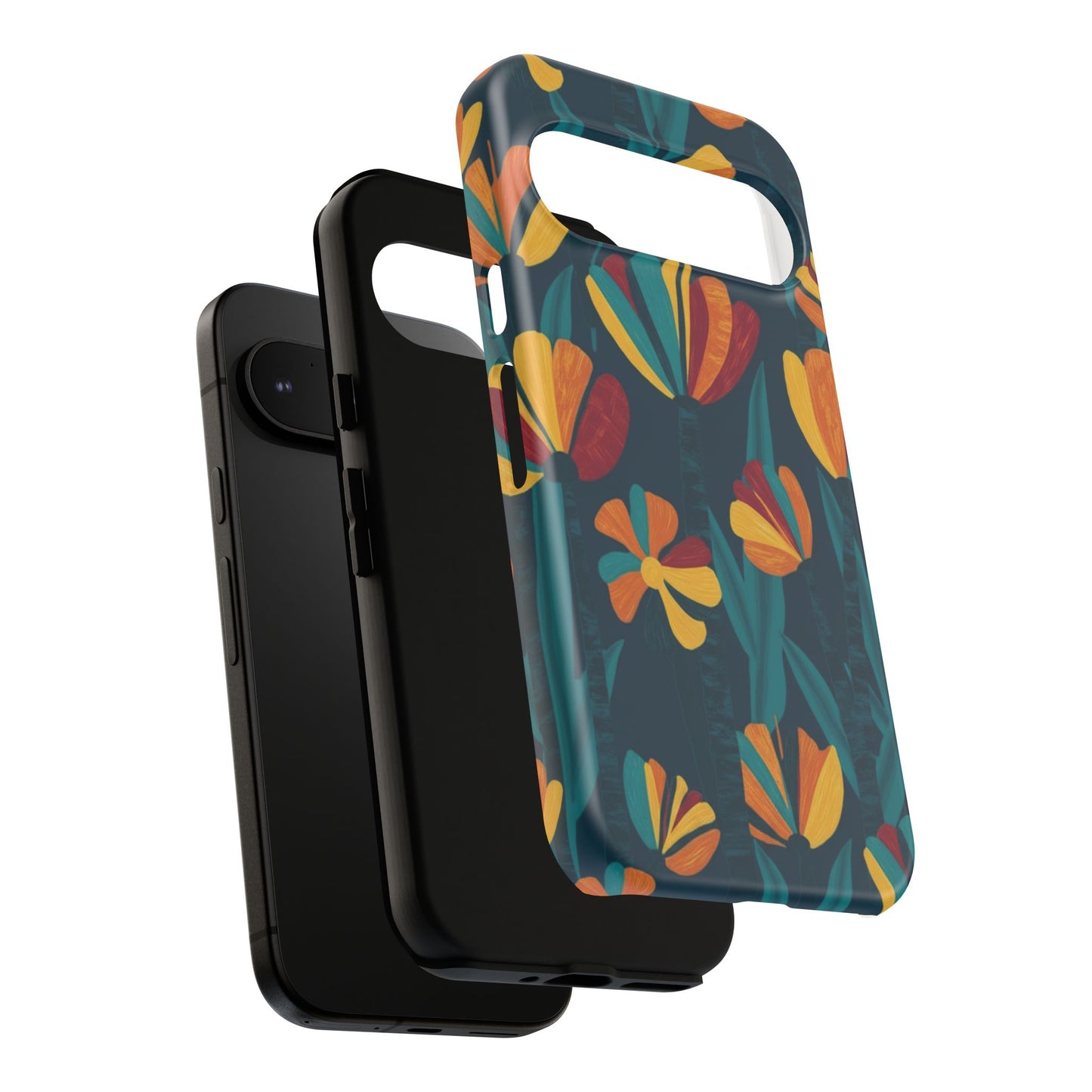Floral Retro Teal Tough Phone Case — Vibrant Orange & Mustard Blooms