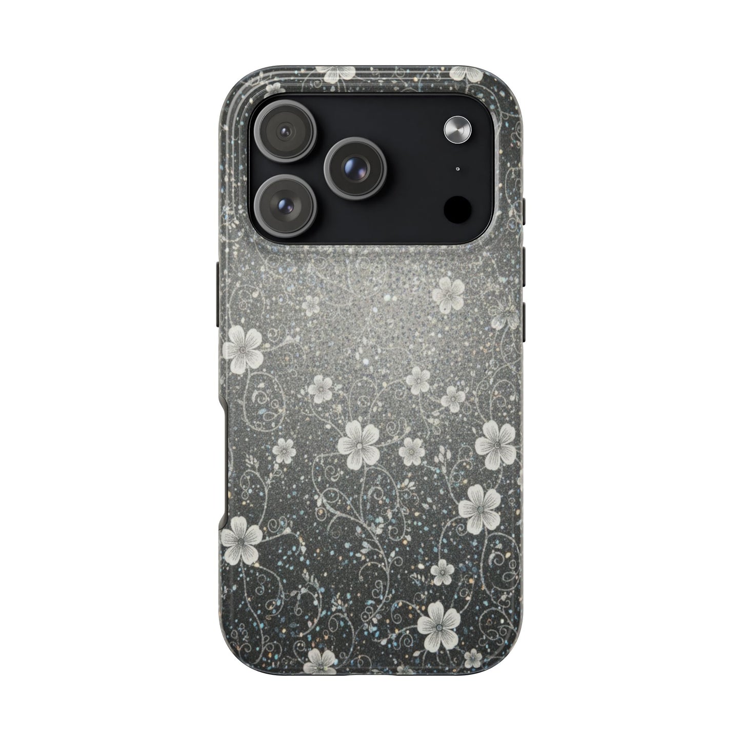 Floral Sparkle Tough Phone Case — Black & Silver Vintage Blossom