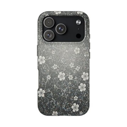 Floral Sparkle Tough Phone Case — Black & Silver Vintage Blossom