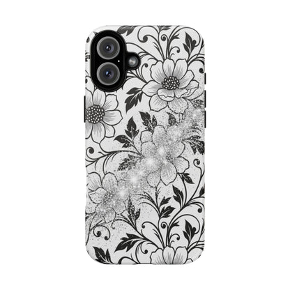Floral Lace Phone Case — Black & White Vintage Flower Protective Case